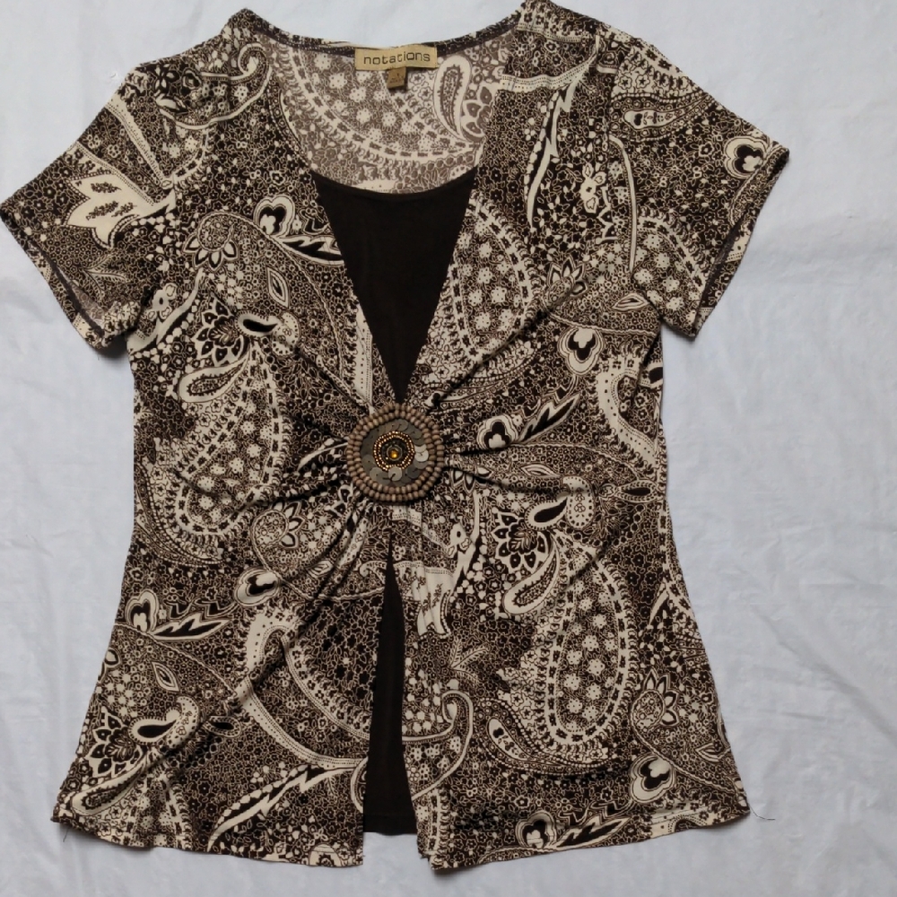 Vintage Y2K Brown Paisley Print Slinky Peplum Boho Top Size 6